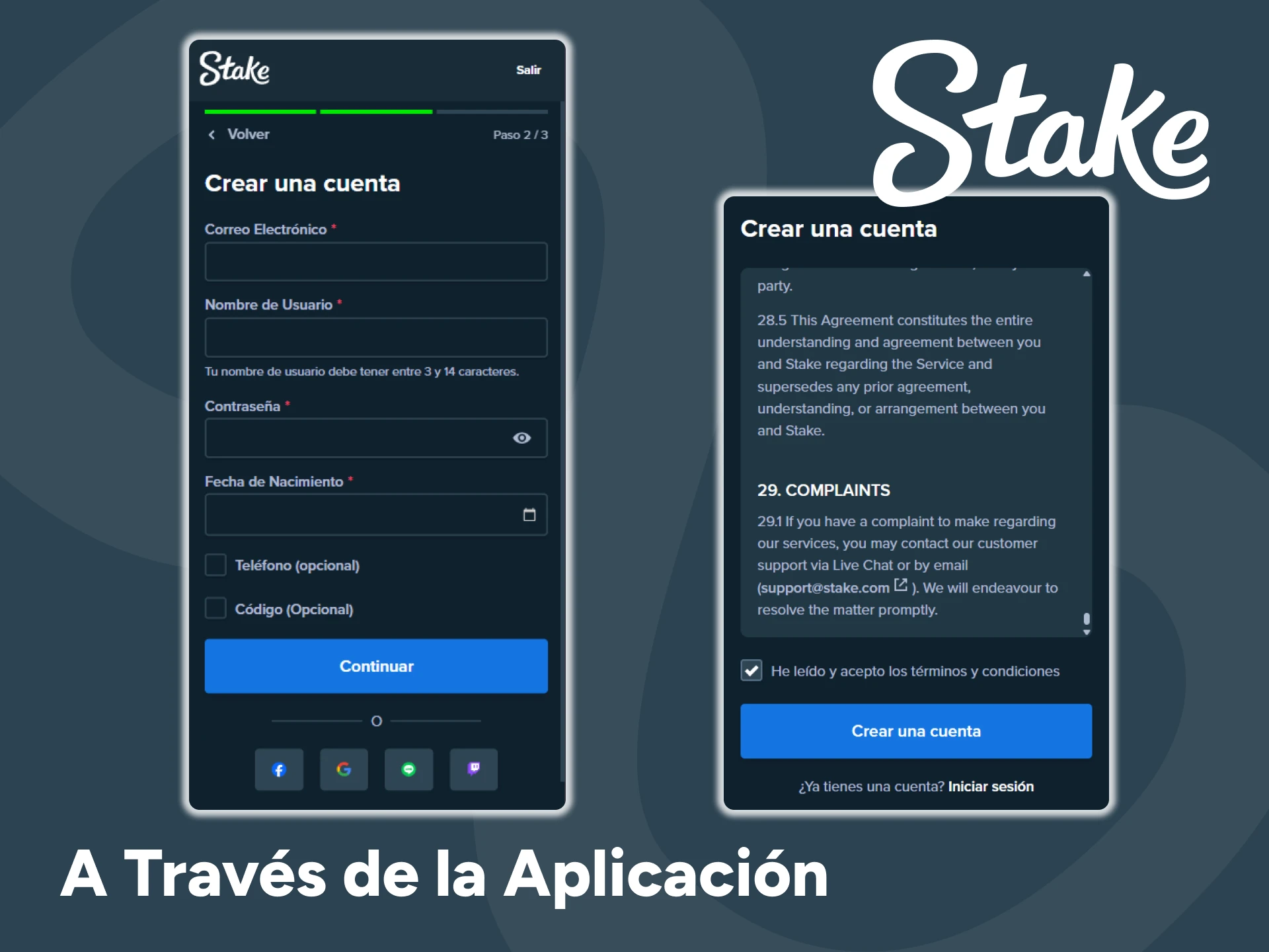 Regístrese en el sitio web de Stake a través de la aplicación.