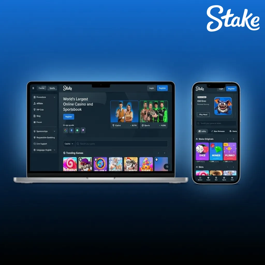 Interfaz web de Stake mostrando barra de navegación con opciones de deportes, casino, juegos en vivo y promociones