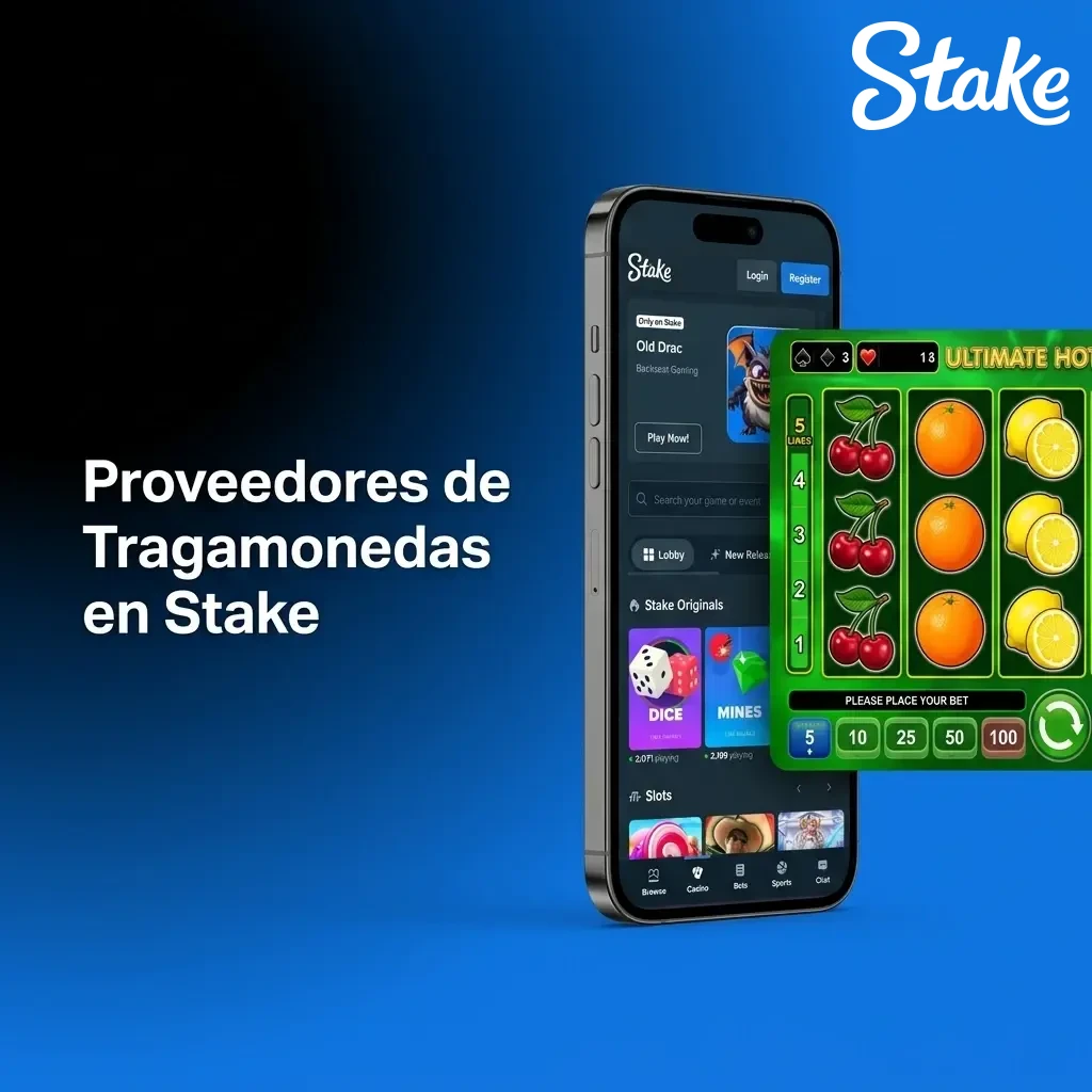 Logos de proveedores de tragamonedas en Stake como Pragmatic Play, NetEnt y Play'n GO