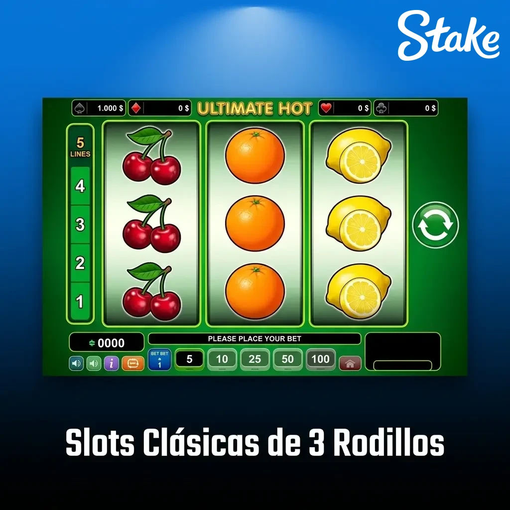 Slots clásicas de 3 rodillos en casino con símbolos tradicionales como diamantes, 7s y jokers