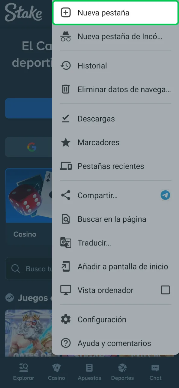 Acceso menú abrir configuración desde navegador para Stake.
