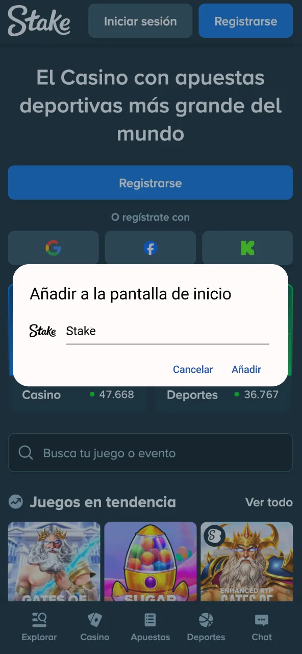 Stake pantalla añadir app y usar de inmediato.