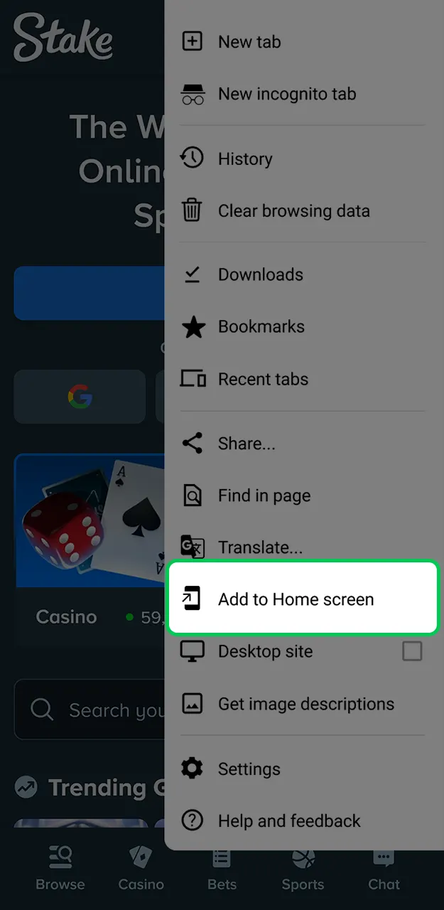 Access the menu to open settings from your browser for Stake.