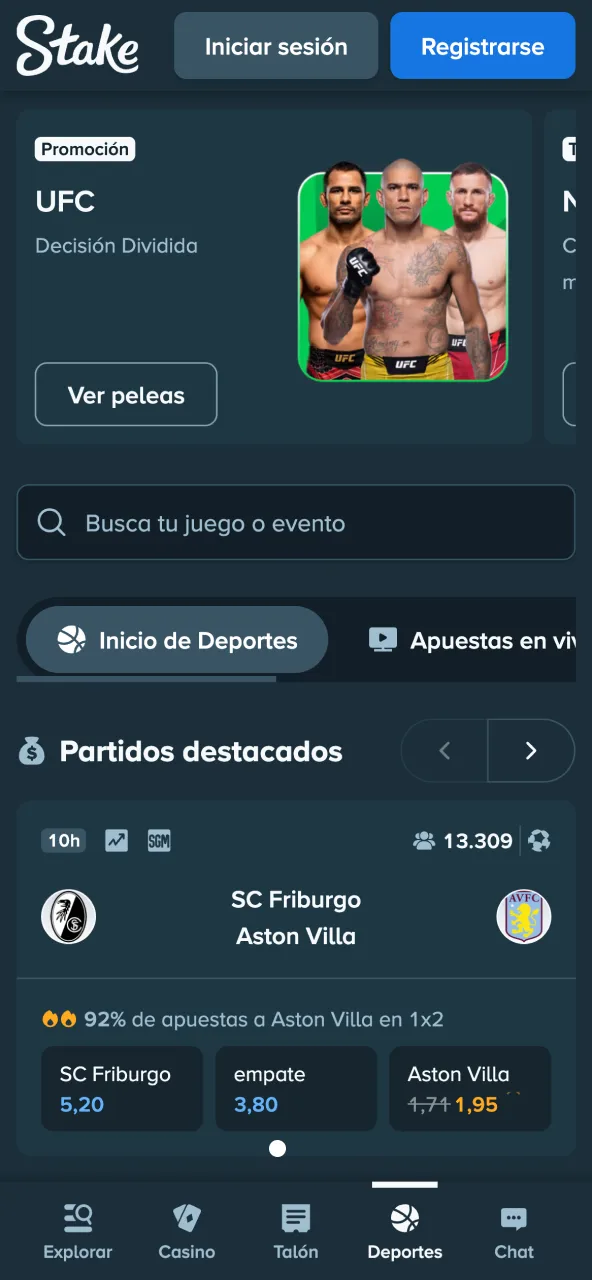 Stake sports apuestas deportivas disponibles.
