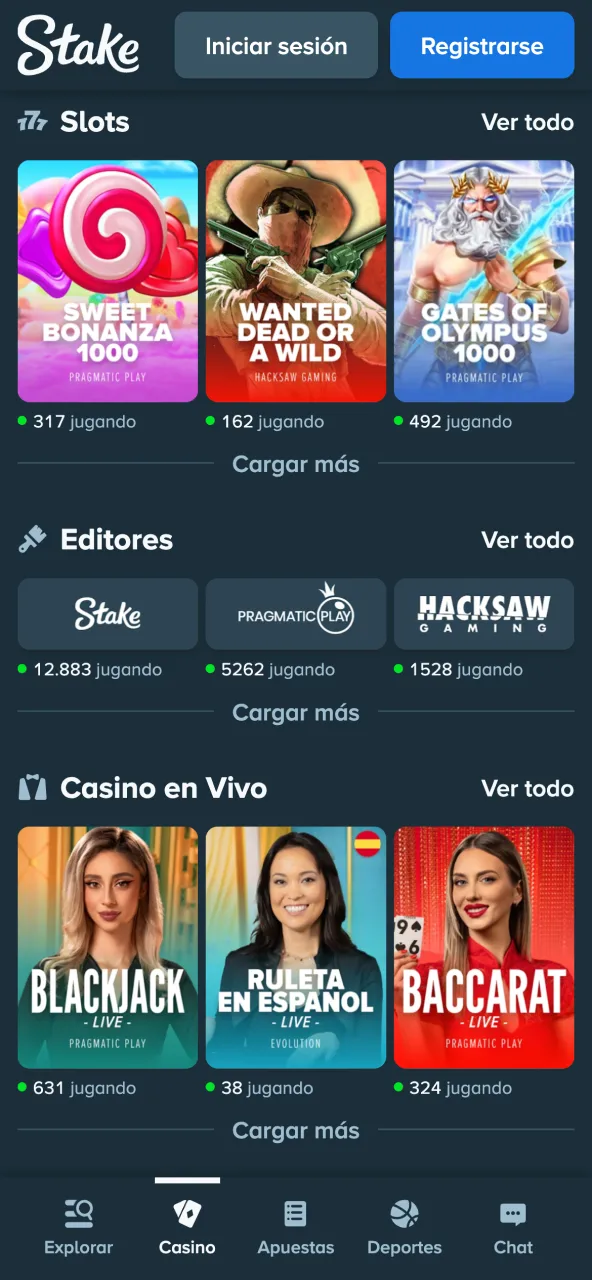 Stake juegos elegir sección y empezar a jugar.