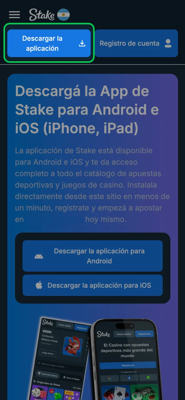 Instalar Stake tapear opción de descarga en sitio.