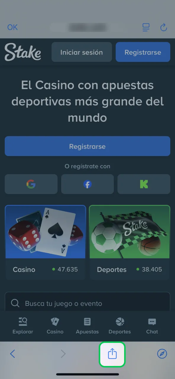 Opción compartir abrir menú inferior en Safari con Stake.