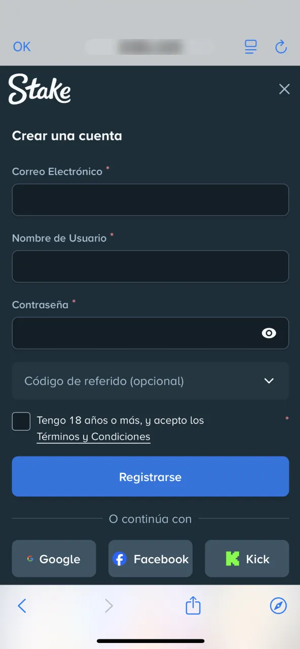 Cuenta nueva completar registro en Stake.