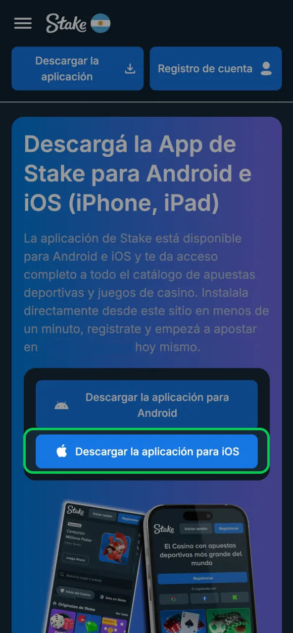 Stake iOS tapear botón de descarga en Safari.