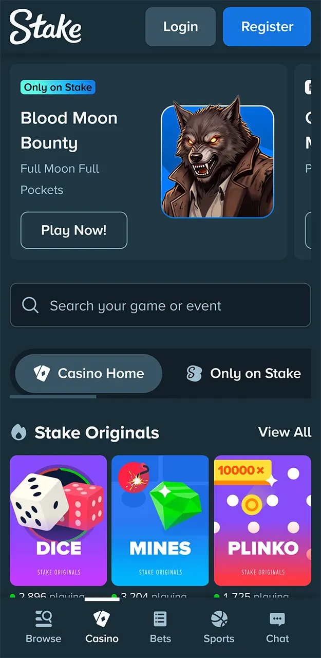 Explore casino titles in the Stake app.