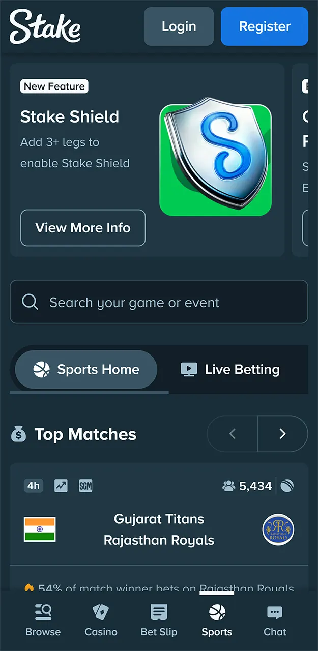 Stake sports betting is available.