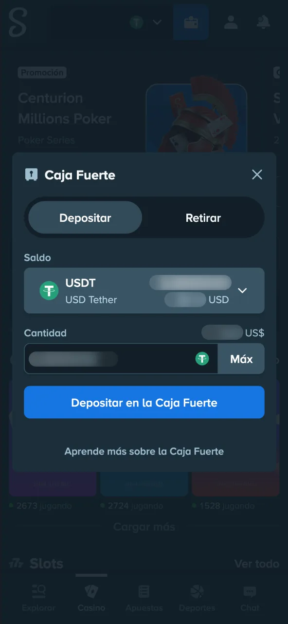 Depósito cripto cargar cuenta con moneda elegida en Stake.