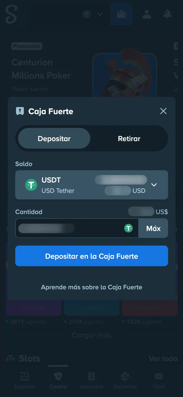 Primer depósito elegir método de pago y cargar saldo en Stake.