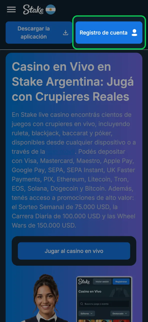 Acceso Stake hacer clic en registro y crear cuenta.