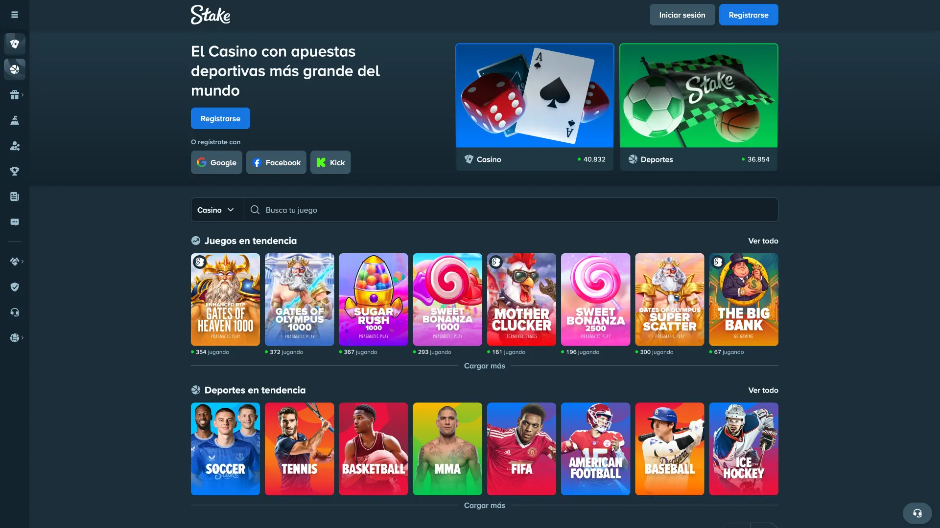 Stake home pantalla inicial de la plataforma.