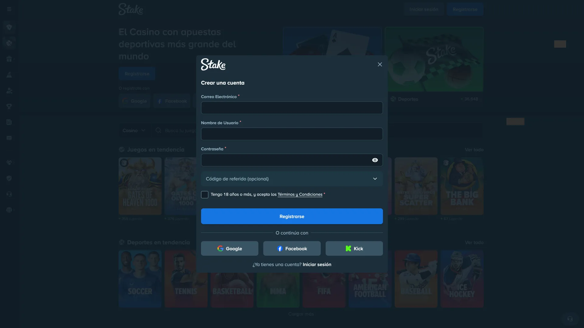 Registro Stake crear cuenta nueva.
