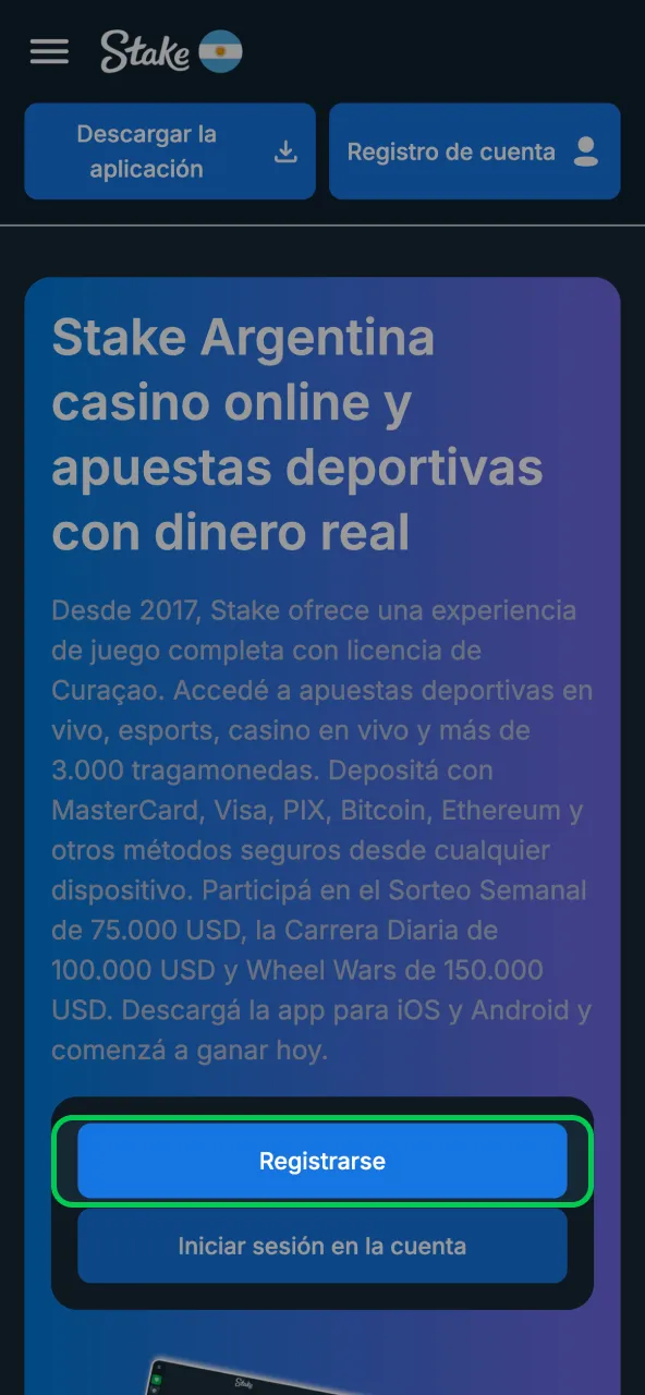 Stake registro disponible al pulsar el botón de la página.