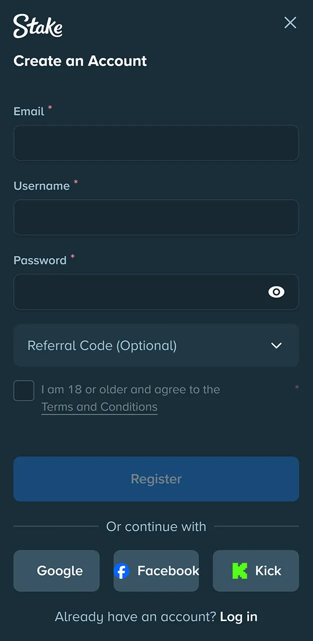 Sign up with your email address and a strong password on Stake.