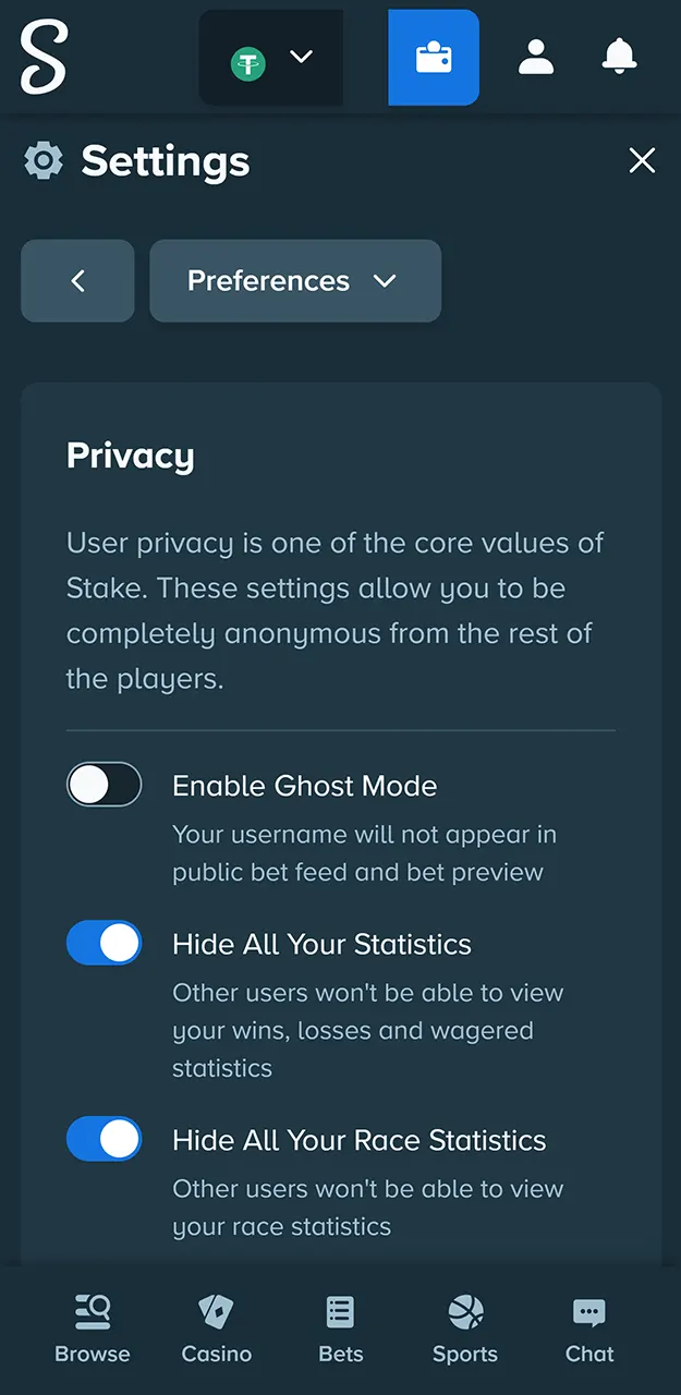 Stake settings with currency preferences and controlled deposits.