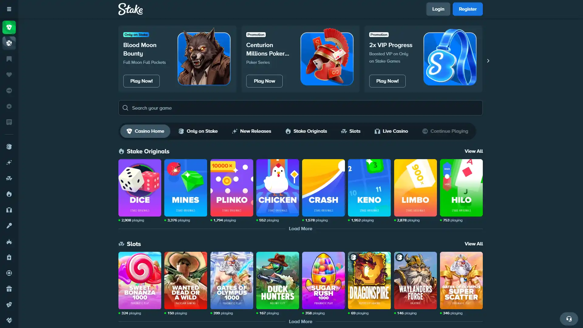 Slot machines and games available at Stake Casino.