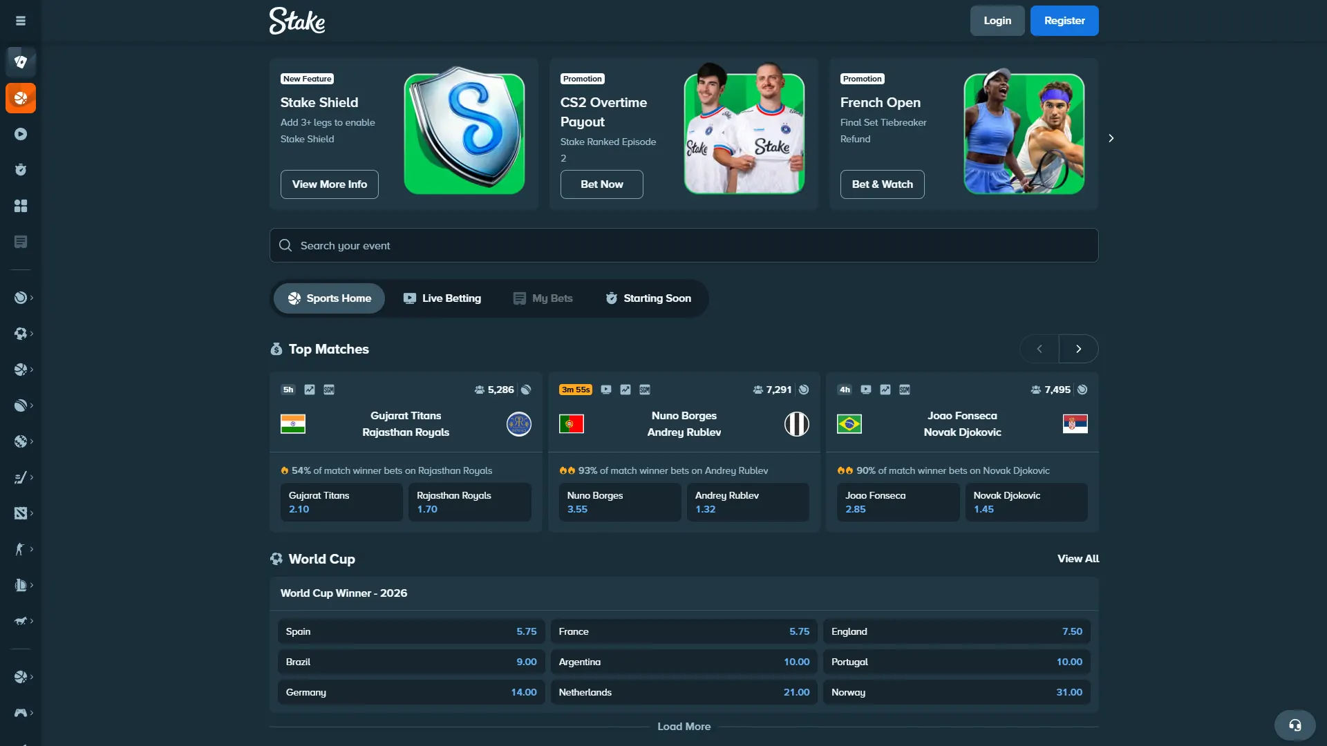 Check out the sports events and bets on Stake.