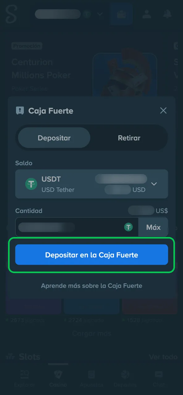 Stake fondos acreditar saldo tras confirmación de operación.