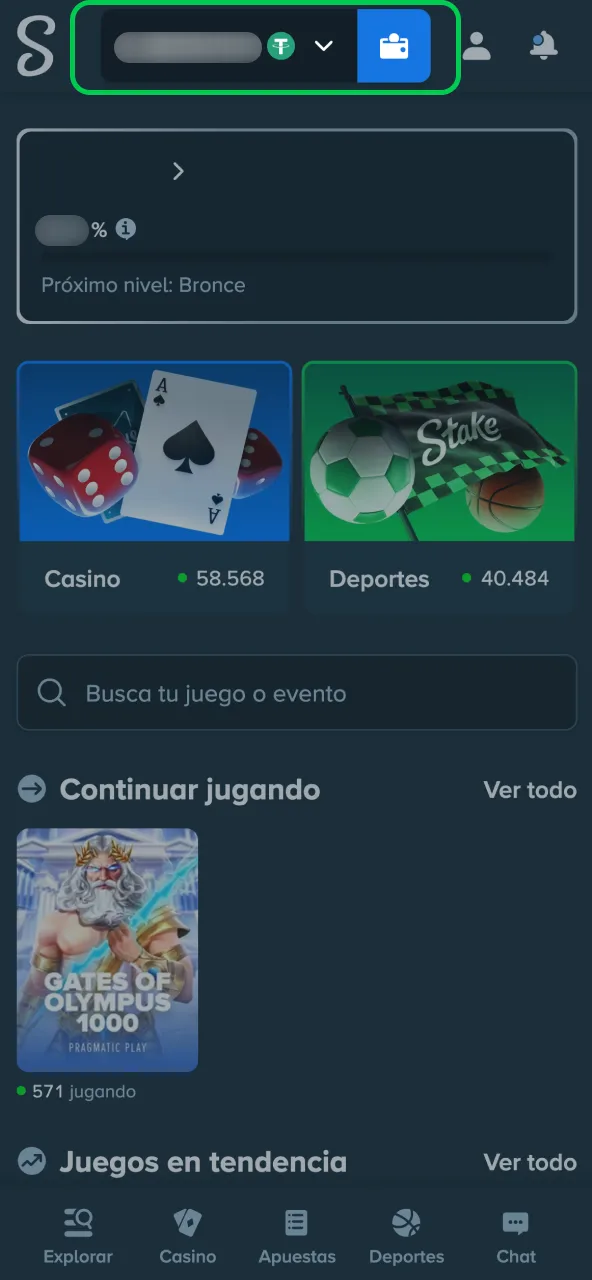 Stake menú seleccionar Caja para realizar depósito.