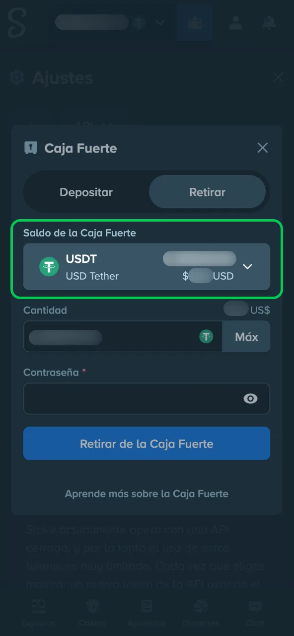 Retiro seguro seleccionar vía de pago habilitada en Stake.