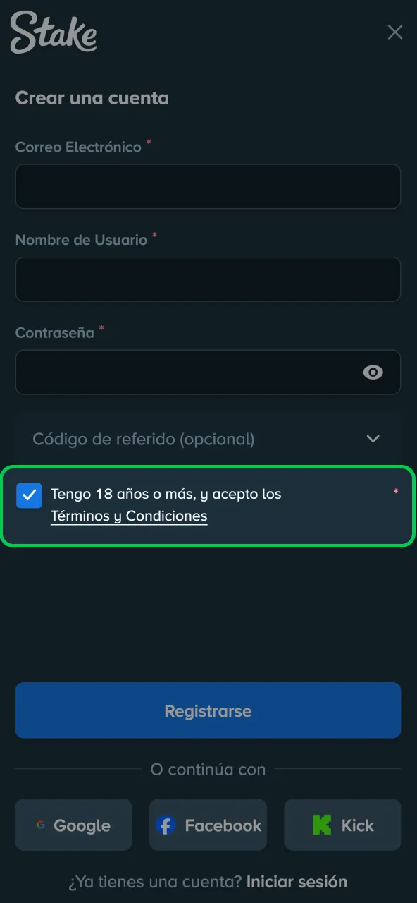 Términos Stake aceptar plataforma y confirmar edad.