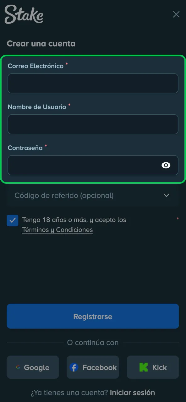 Stake registro ingresar información solicitada en formulario.