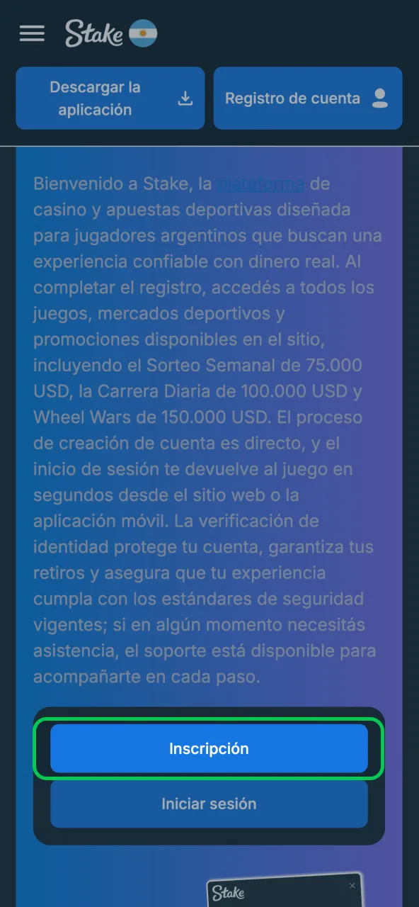 Alta cuenta iniciar inscripción desde botón en Stake.