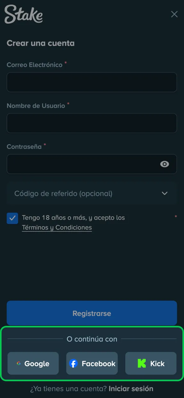 Registro rápido entrar con cuenta Google o Facebook en Stake.