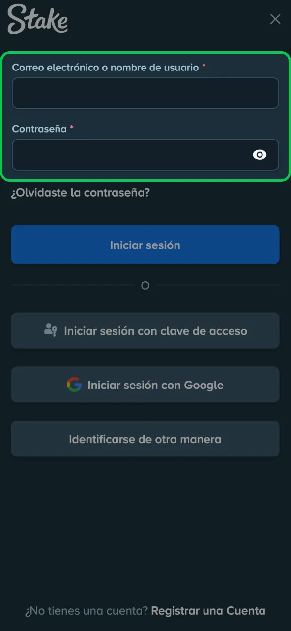 Stake acceso introducir código y finalizar inicio de sesión.