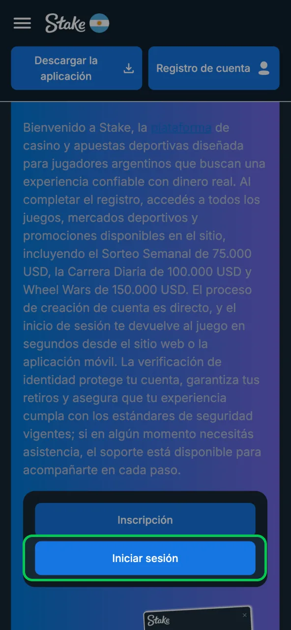 Stake login ir al formulario desde botón de abajo.