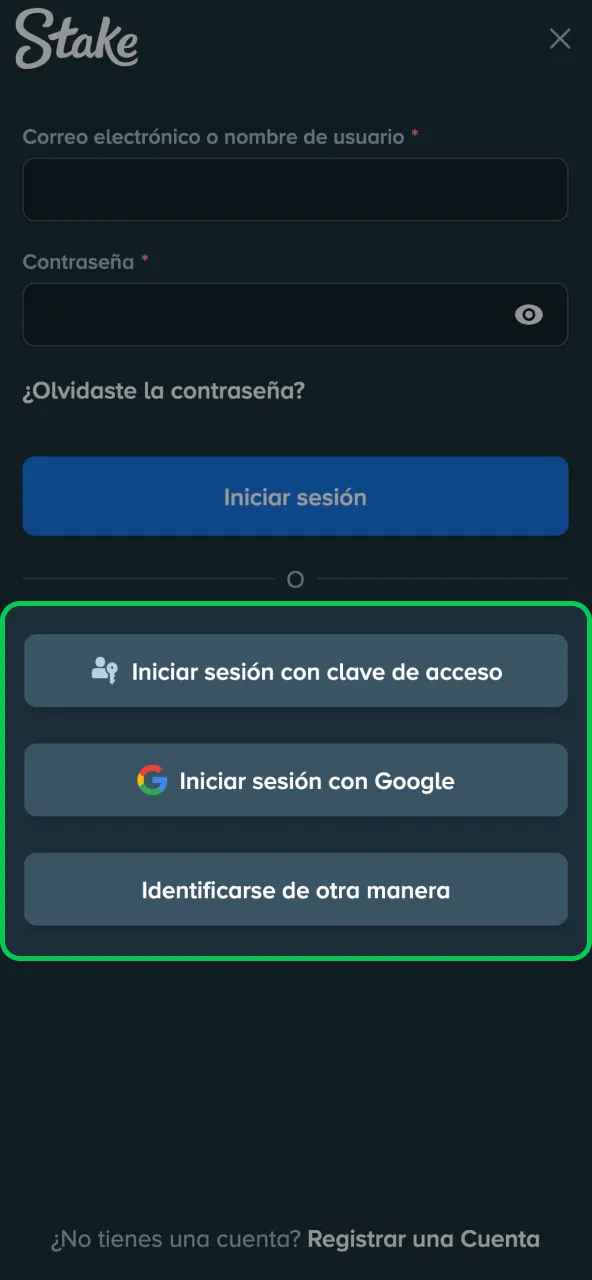 Stake login elegir método usado al registrarte.