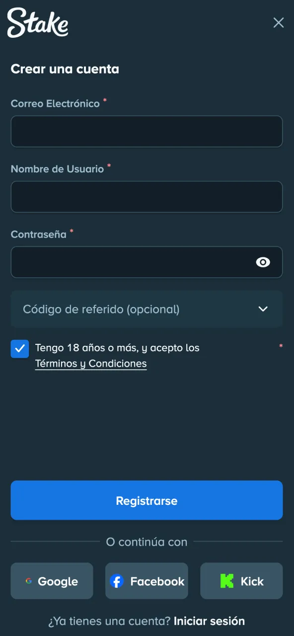 Stake acceso entrar al panel de jugador con credenciales.