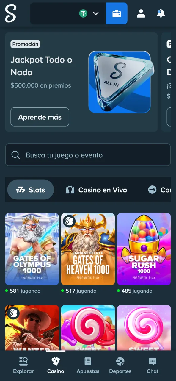 Slots Stake elegir categoría desde menú principal.