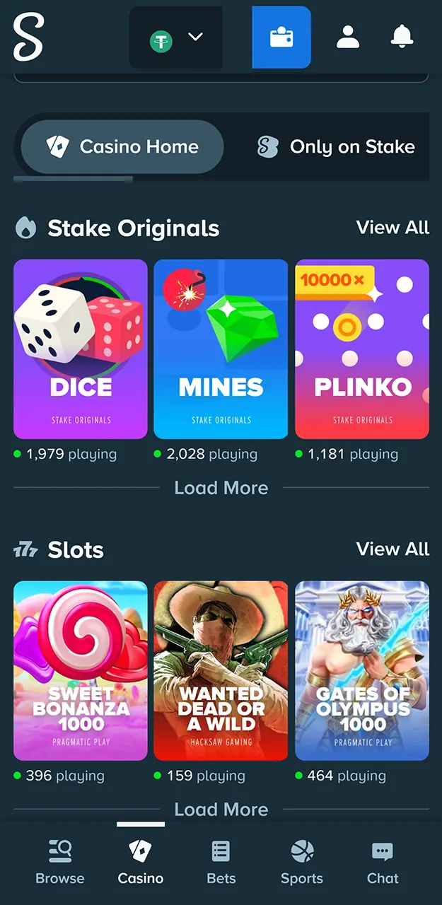 Select the Stake games section and start playing.