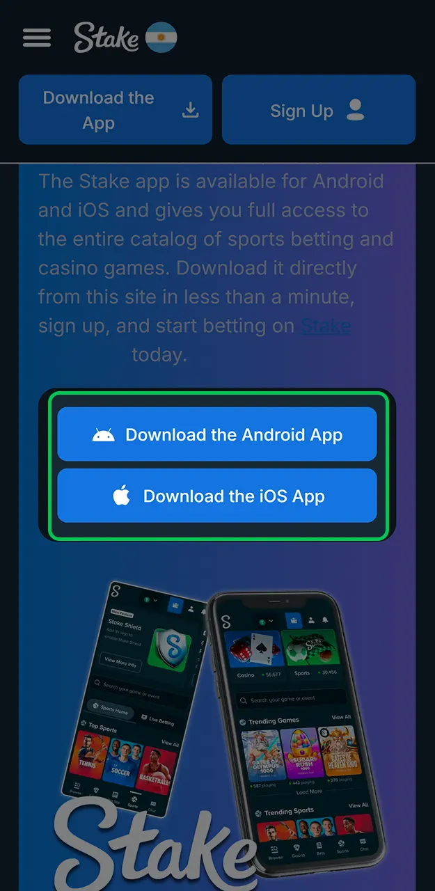 Install Stake and tap the download option on the site.