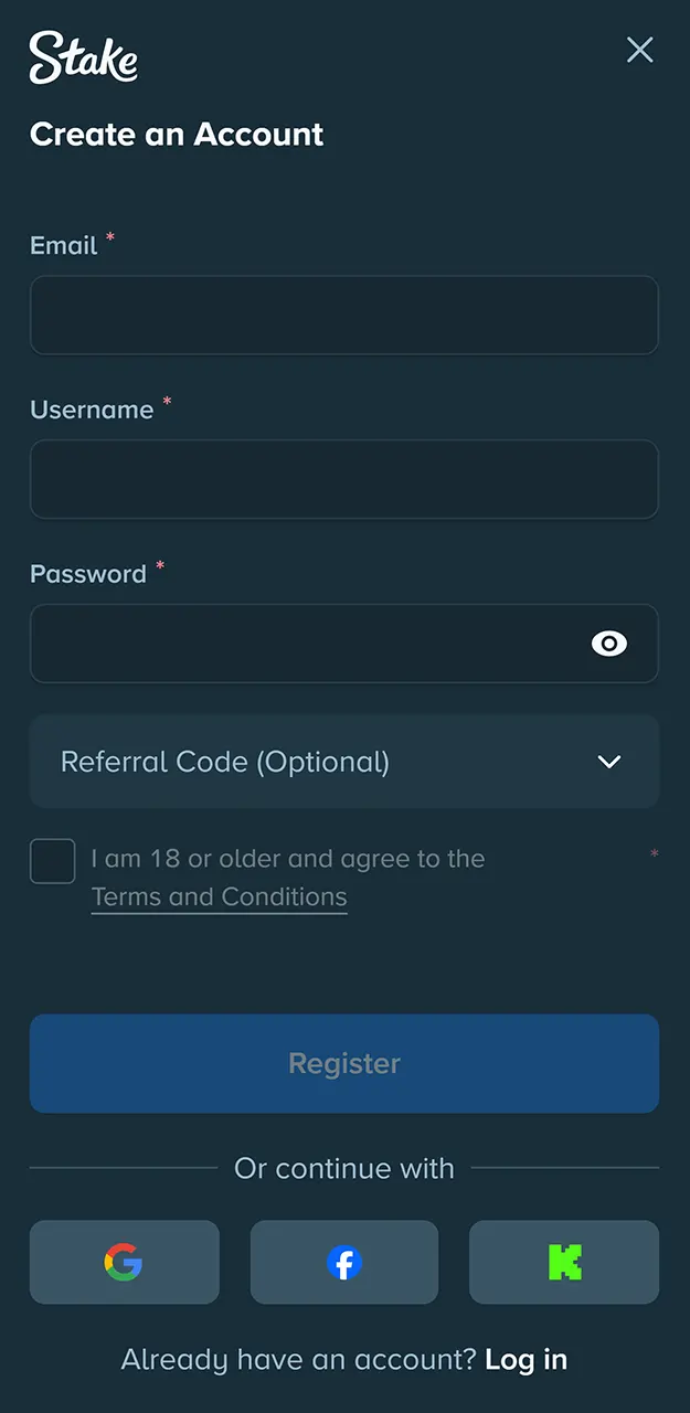 Complete registration on Stake.