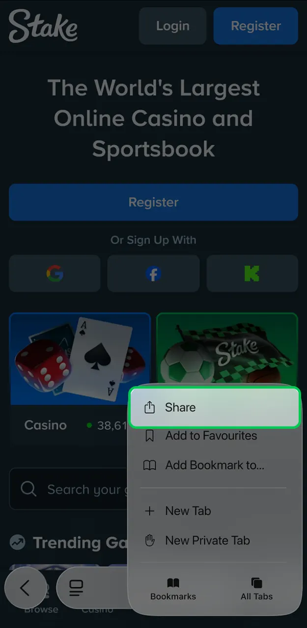 Open the bottom menu in Safari with Stake.