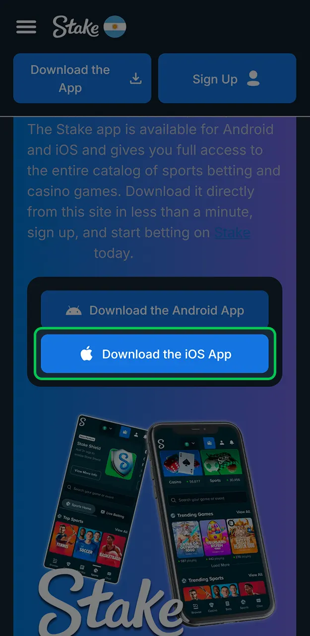 Click the button in Safari to download the Stake app.