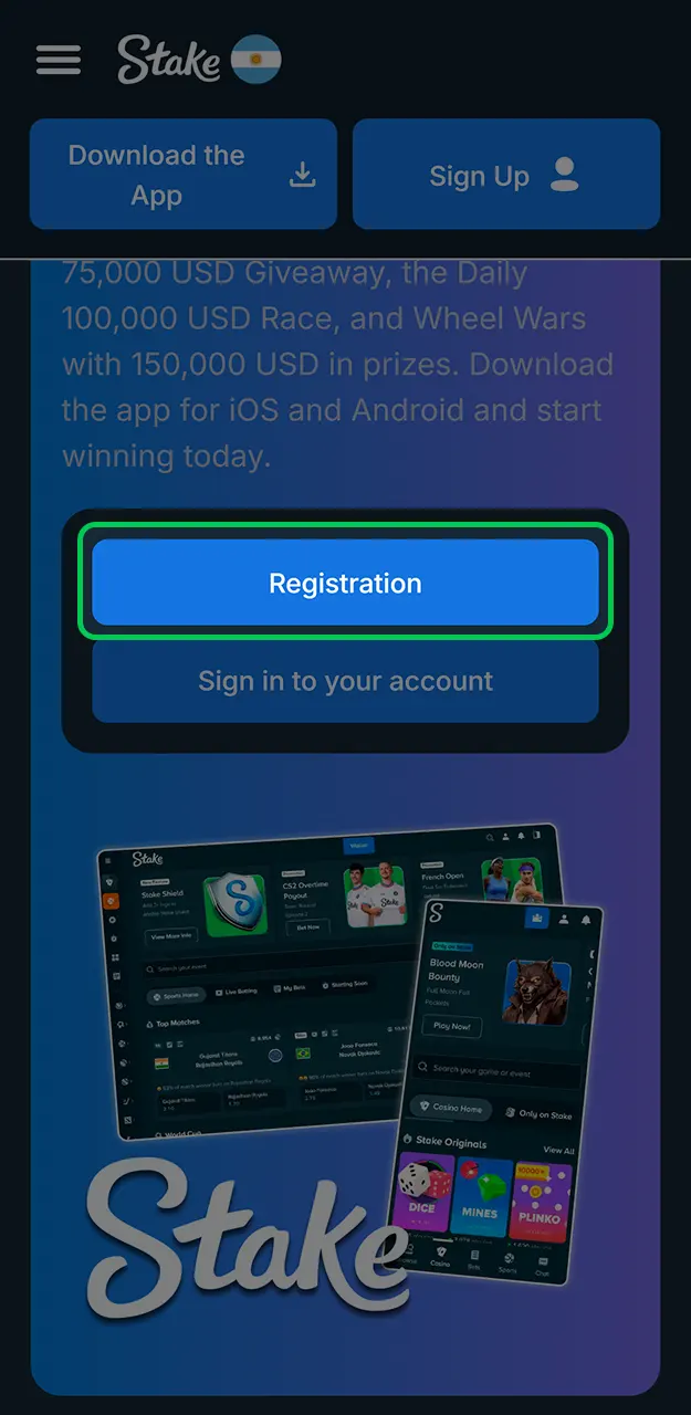You can sign up for Stake by clicking the button on the page.