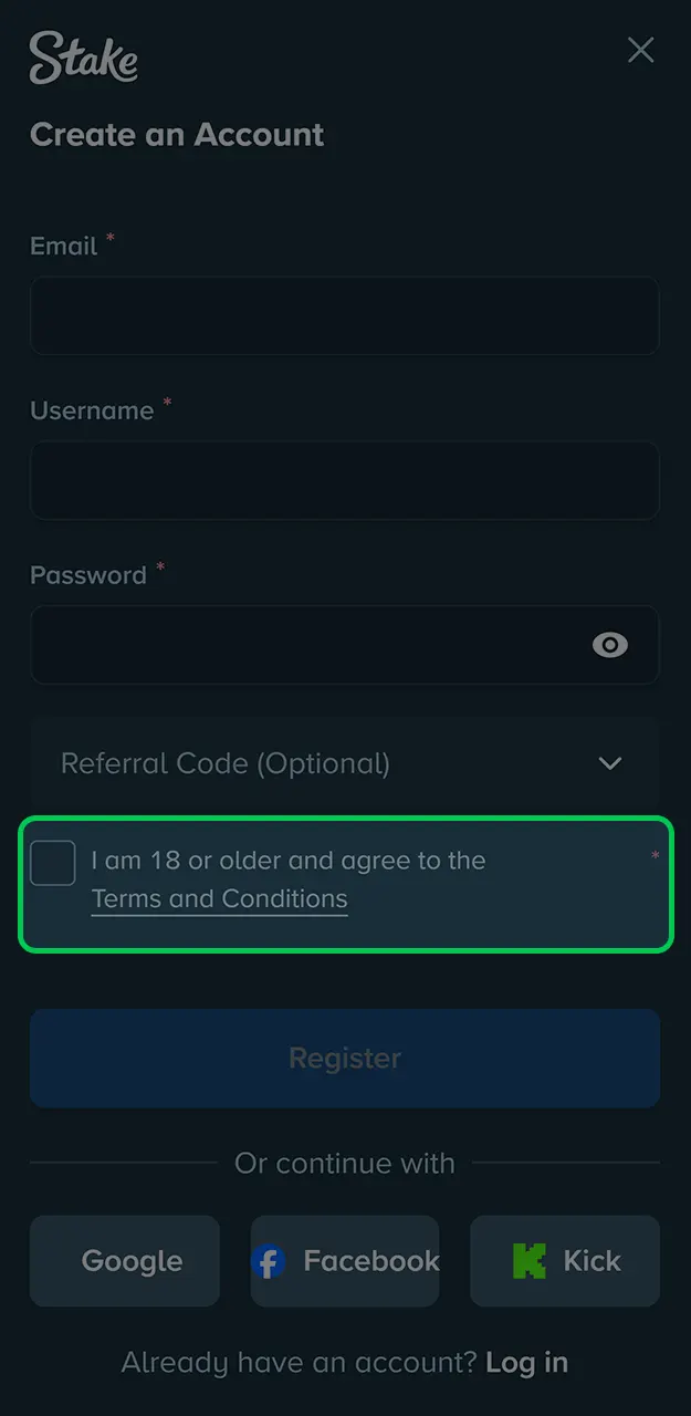 Agree to the Stake's terms of service and confirm your age.