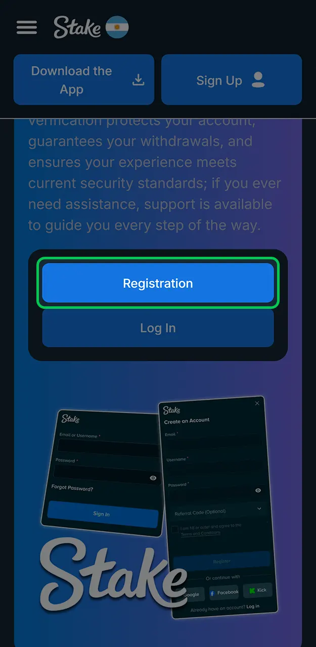 Sign up by clicking the button on Stake.