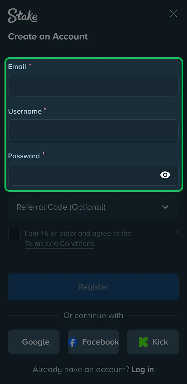 Go to Stake and enter the information requested on the form.