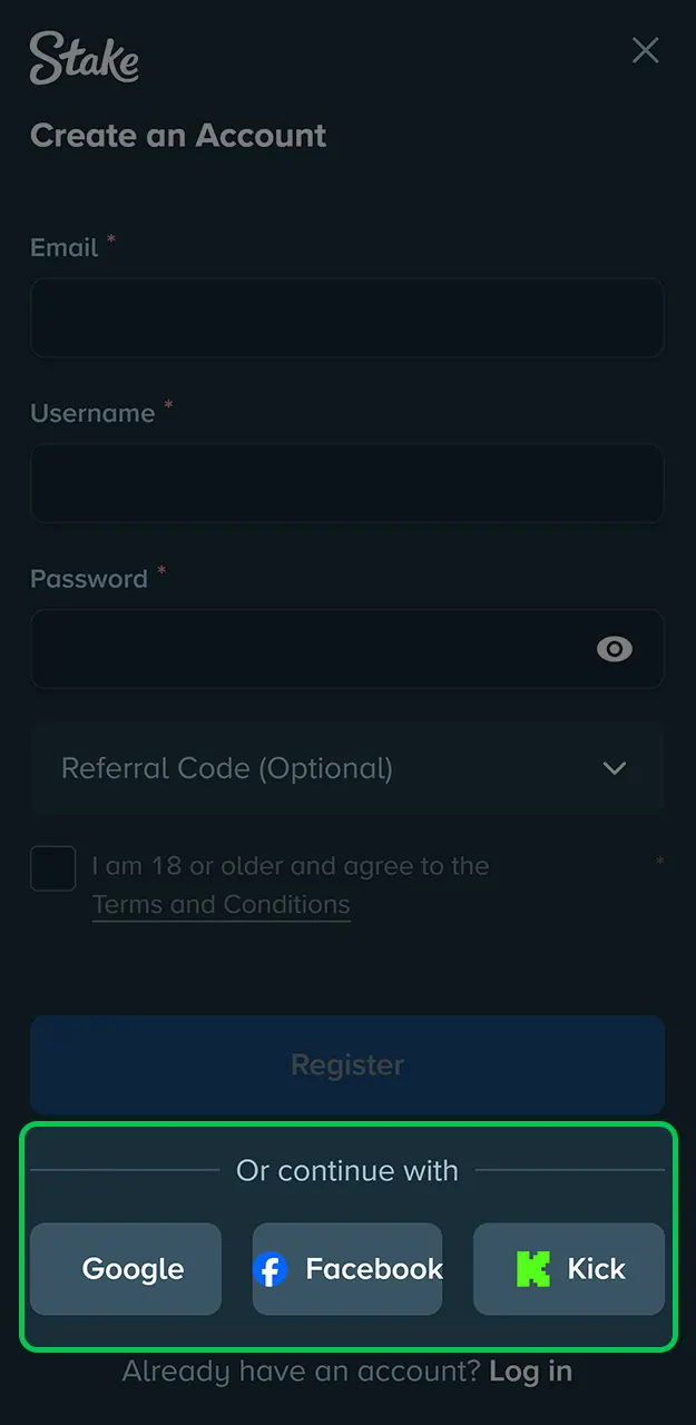 Get a quick sign-up by logging in with your Google or Facebook account on Stake.